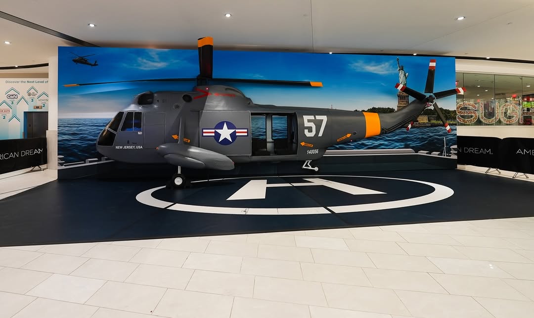 Life-size Sikorsky H-3 Sea King helicopter display installed at American Dream mall.