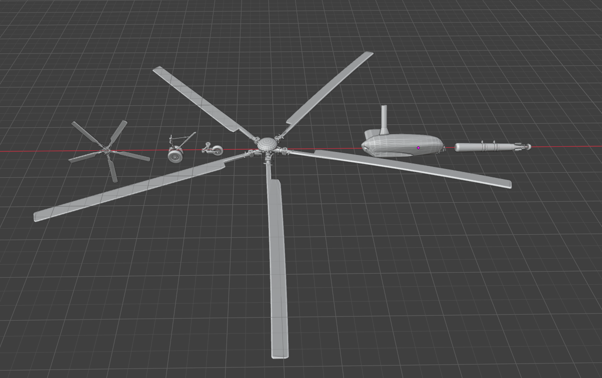 Helicopter rotor, wheel, and mechanical parts separated for fabrication.