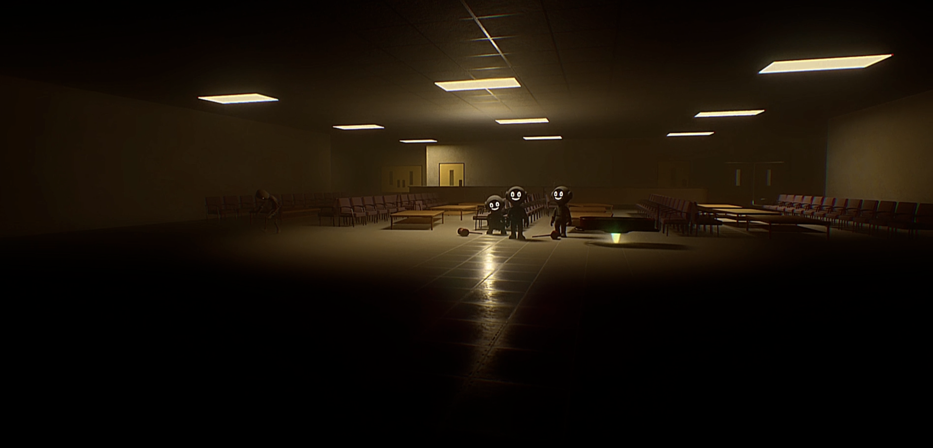 Stylized hospital level environment with medical equipment, hospital beds, and interior lighting.