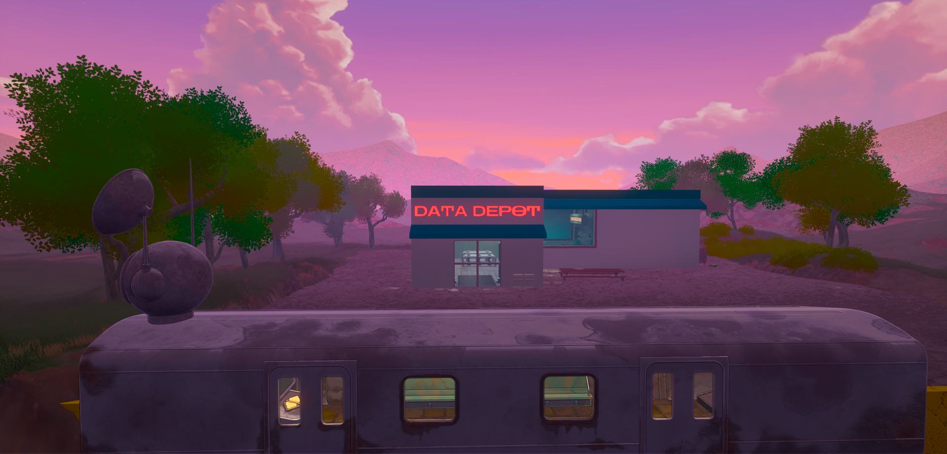 Stylized level environment showing a data depot building, train car foreground, trees, mountains, and pink sunset sky.