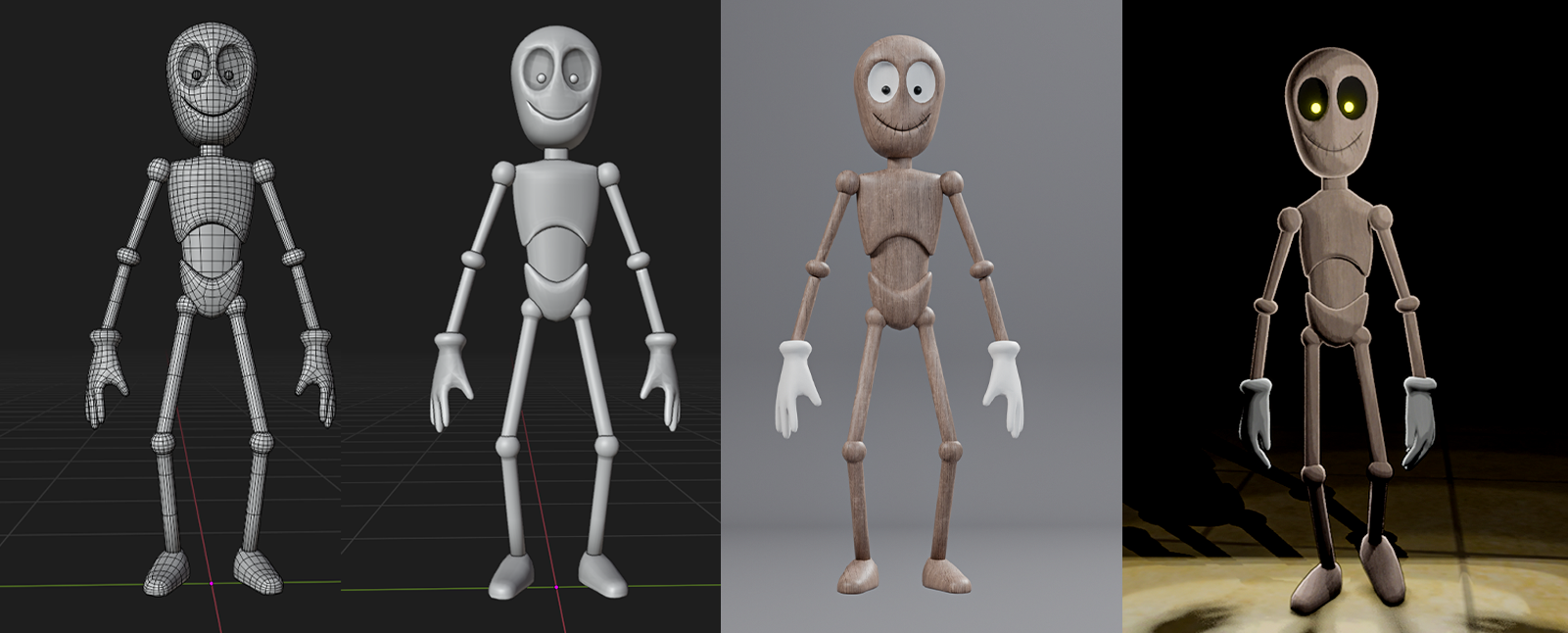Marionette character development board showing wireframe, clay model, wood-textured render, and final lit render.