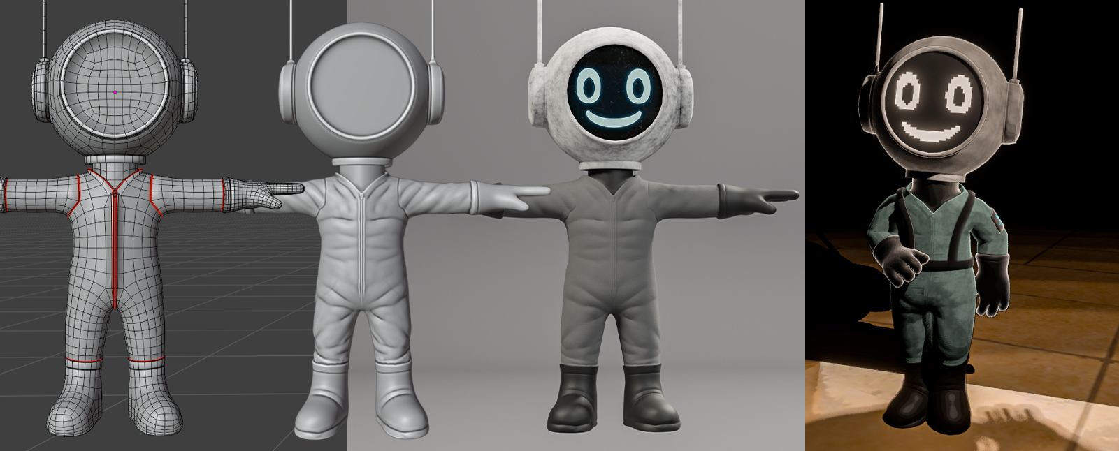 PlayerNine character progress board showing base model, high-detail sculpt, material render, and final game character render.