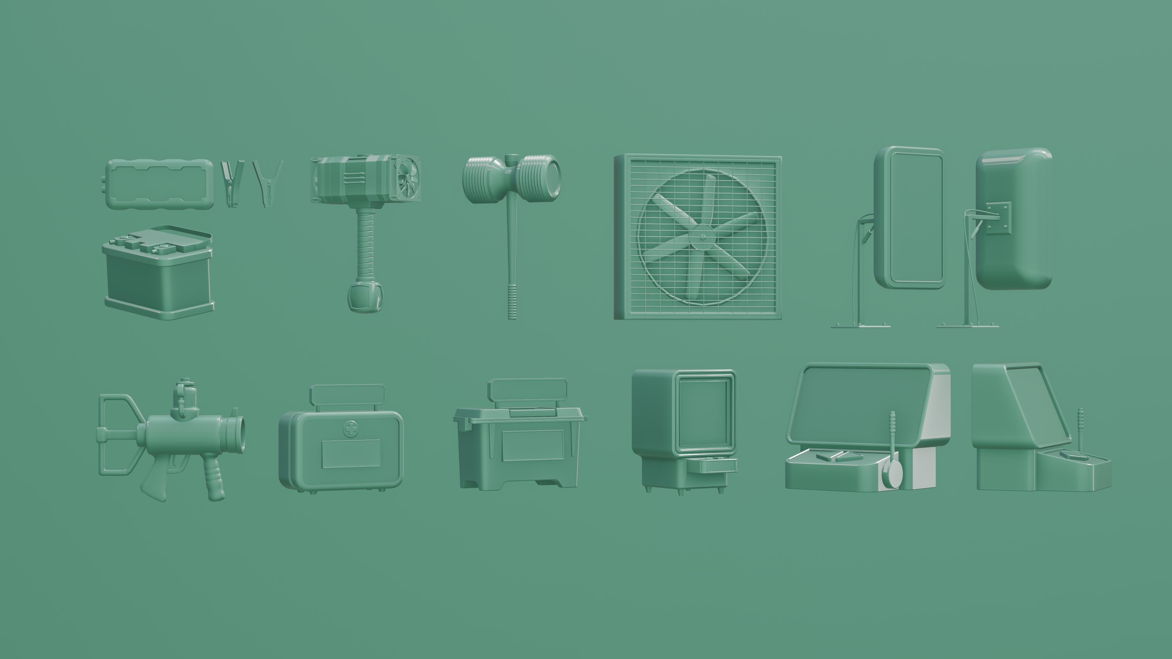 Collection sheet of green CAD meshes including product cards, clips, hammer prop, threaded connector, and fan housing.