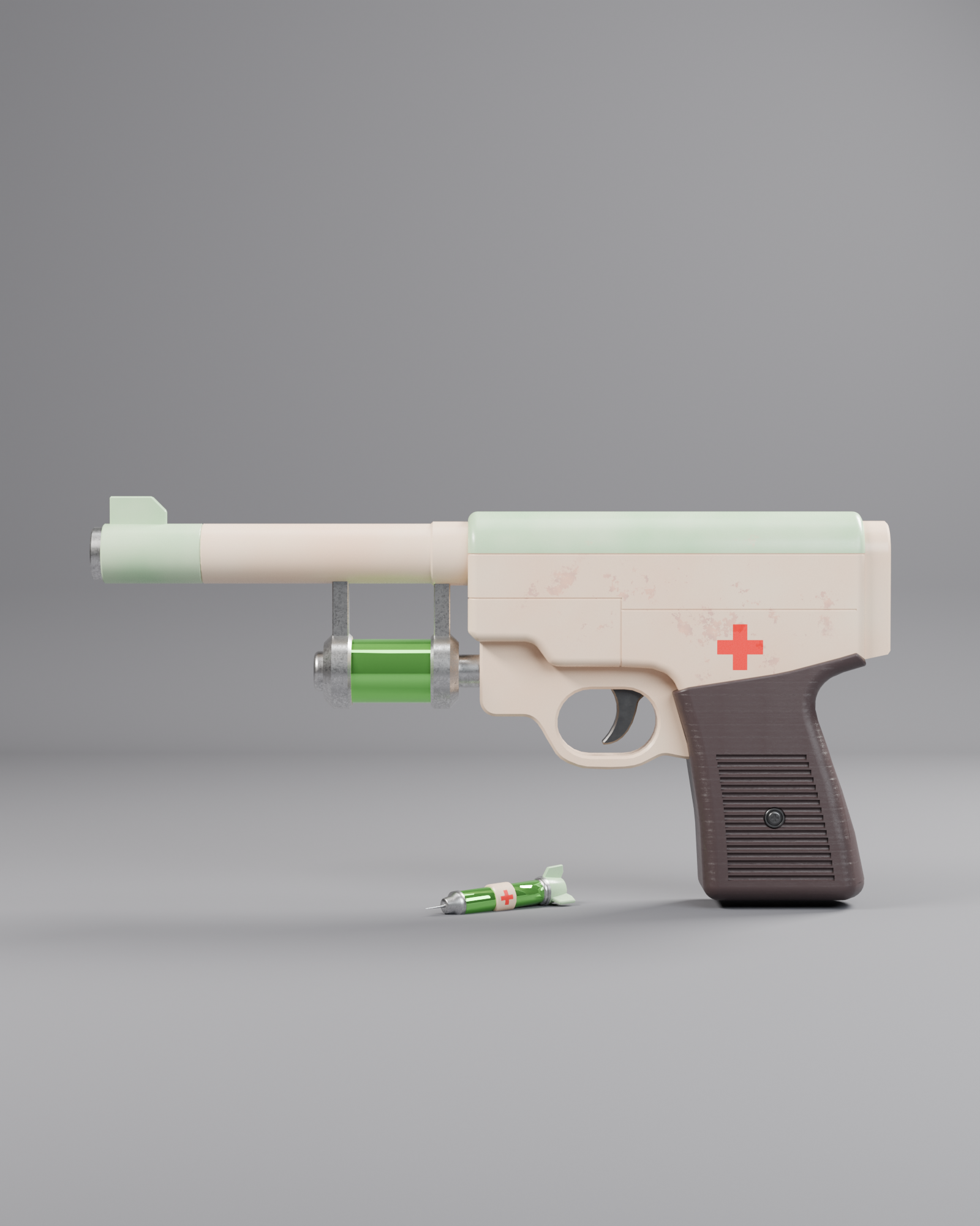 Final render of a stylized restoration gun with cream body, green capsule, red medical cross, and dark grip.
