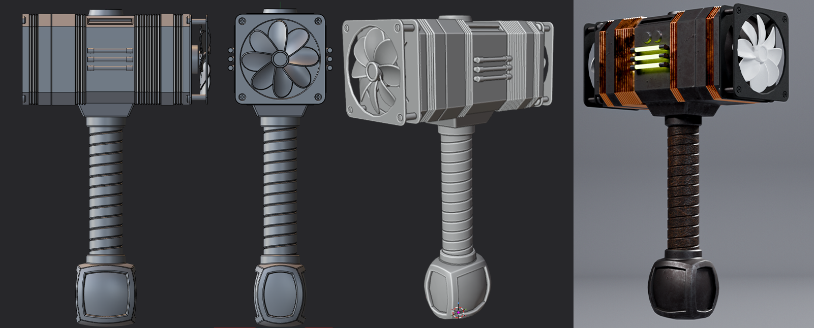 Thor's Digital Hammer progress board showing precise CAD model views, Blender base sculpt, and final rendered game prop.